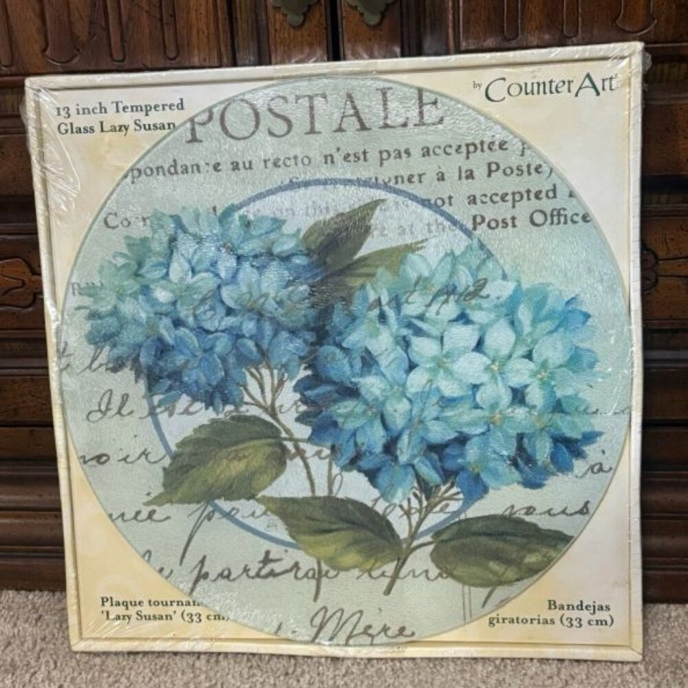CounterArt BLUE HYDRANGEAS Tempered Glass Lazy Susan Turntable 13" Diameter